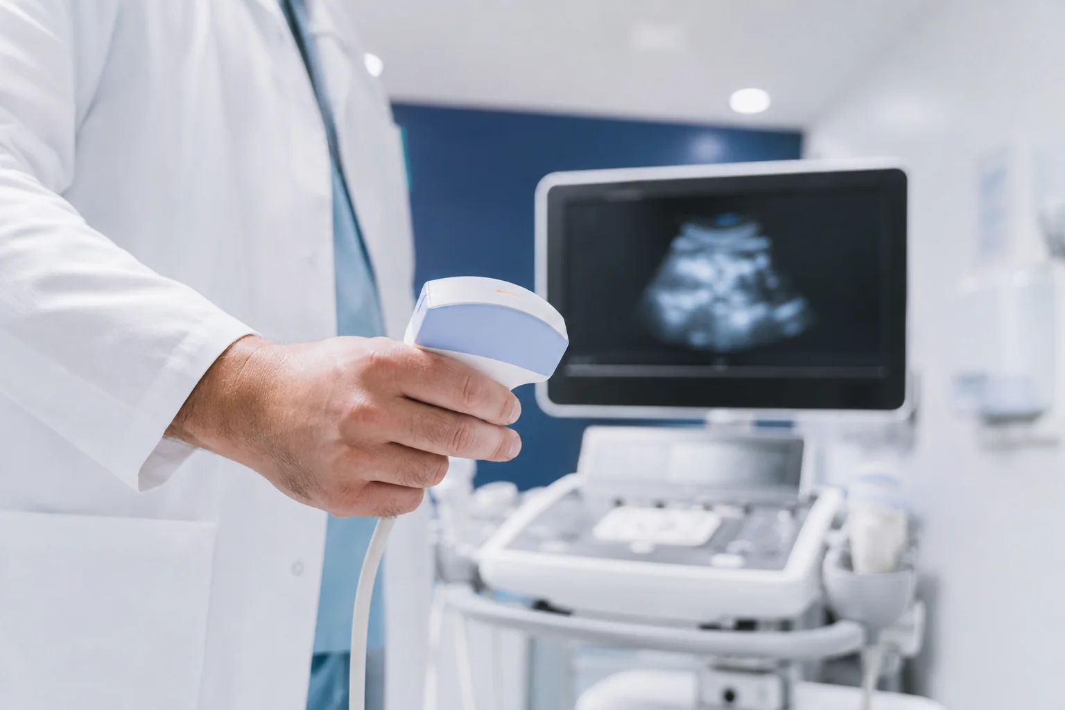 Mani con sonda ecografica vicino a un monitor diagnostico