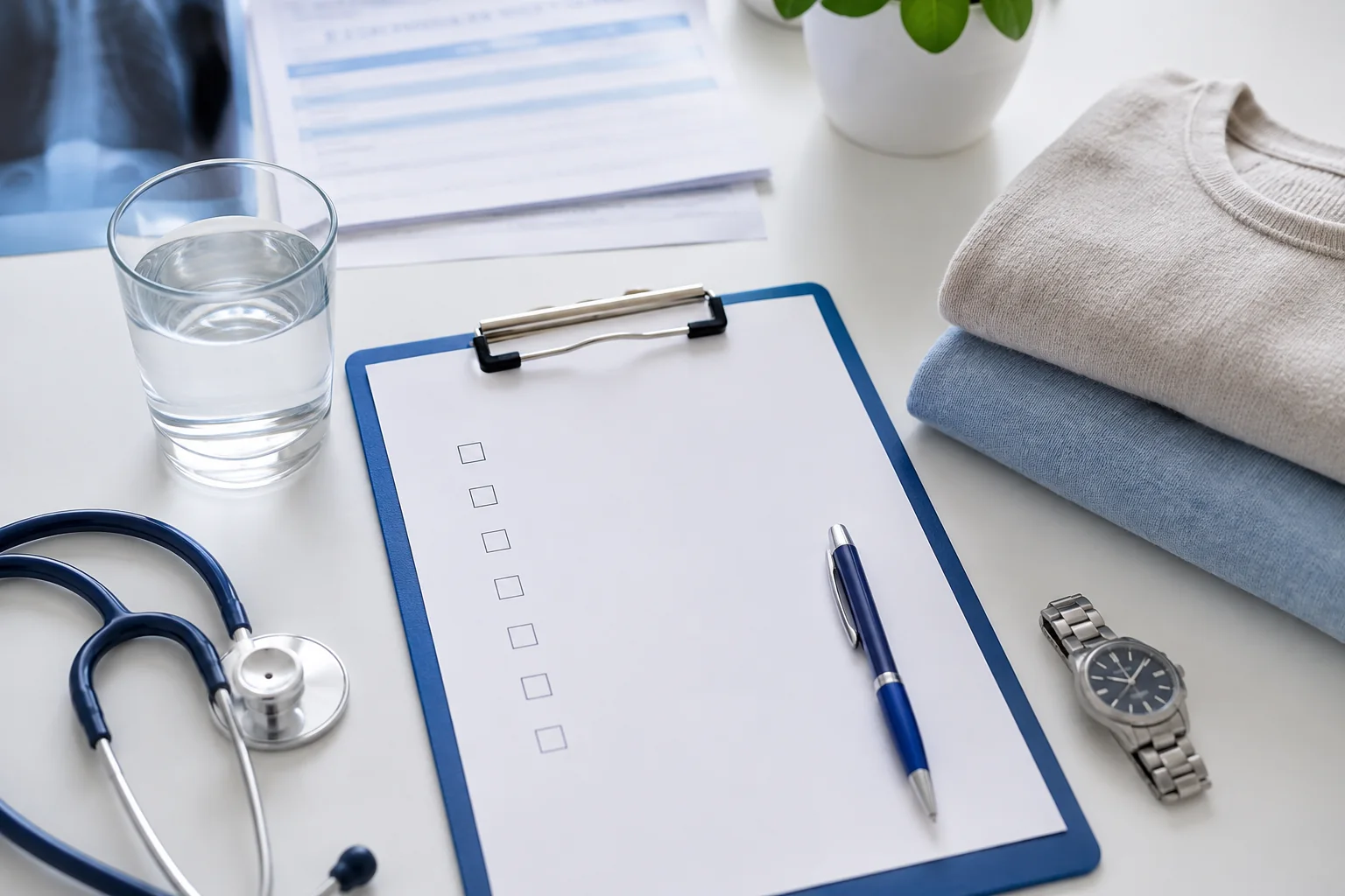 Acqua, orologio e promemoria per un appuntamento medico