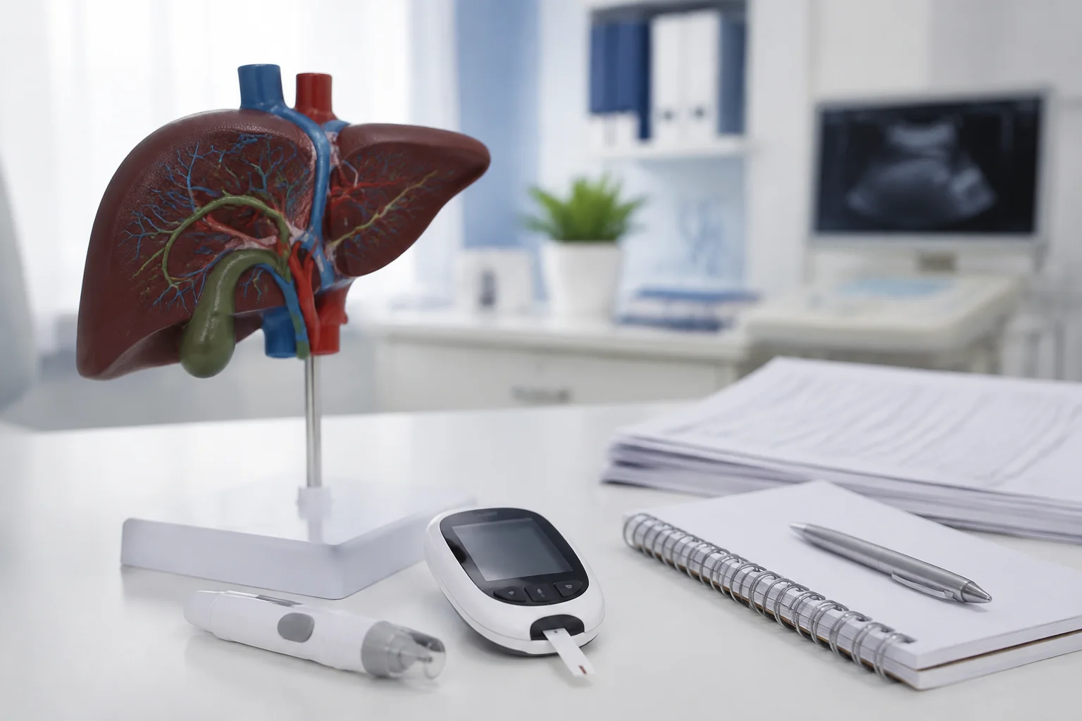 Glucometro e modello didattico del fegato su una scrivania medica