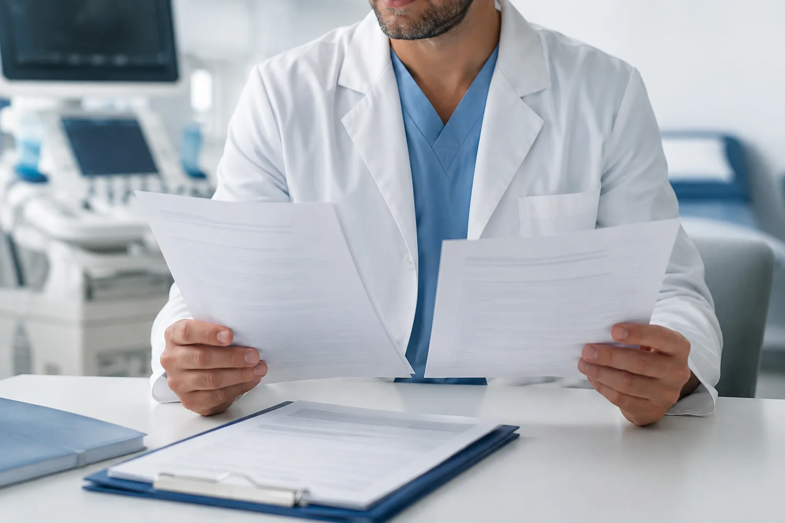 Mani di un medico che confronta due referti in ambulatorio