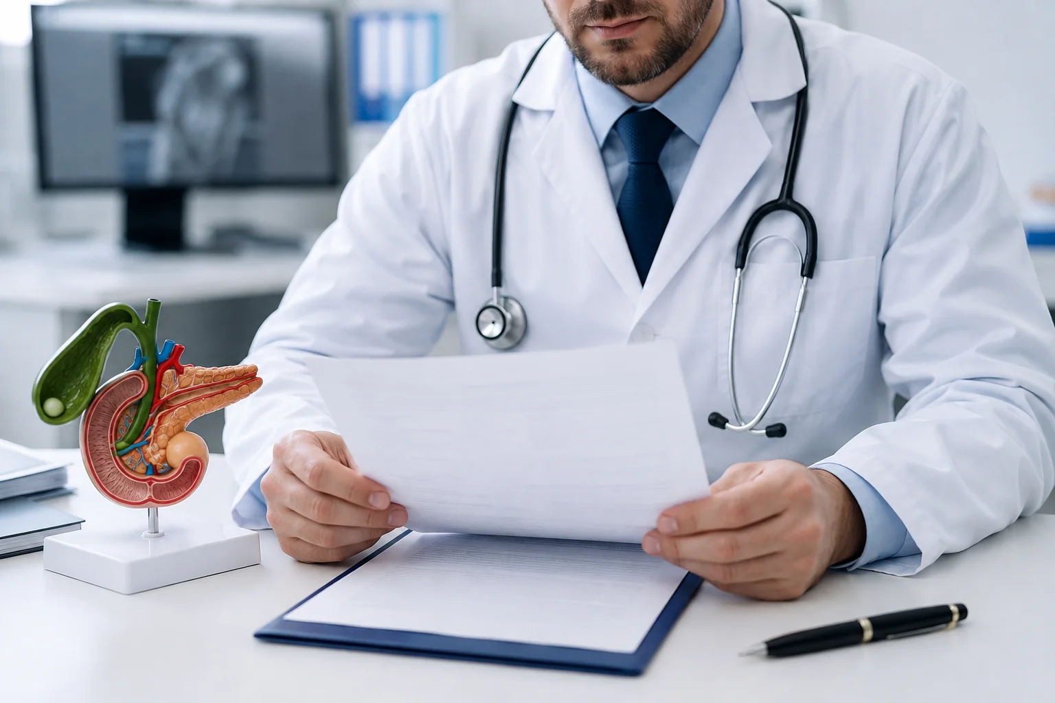Referto non identificativo e modello della colecisti su un tavolo medico