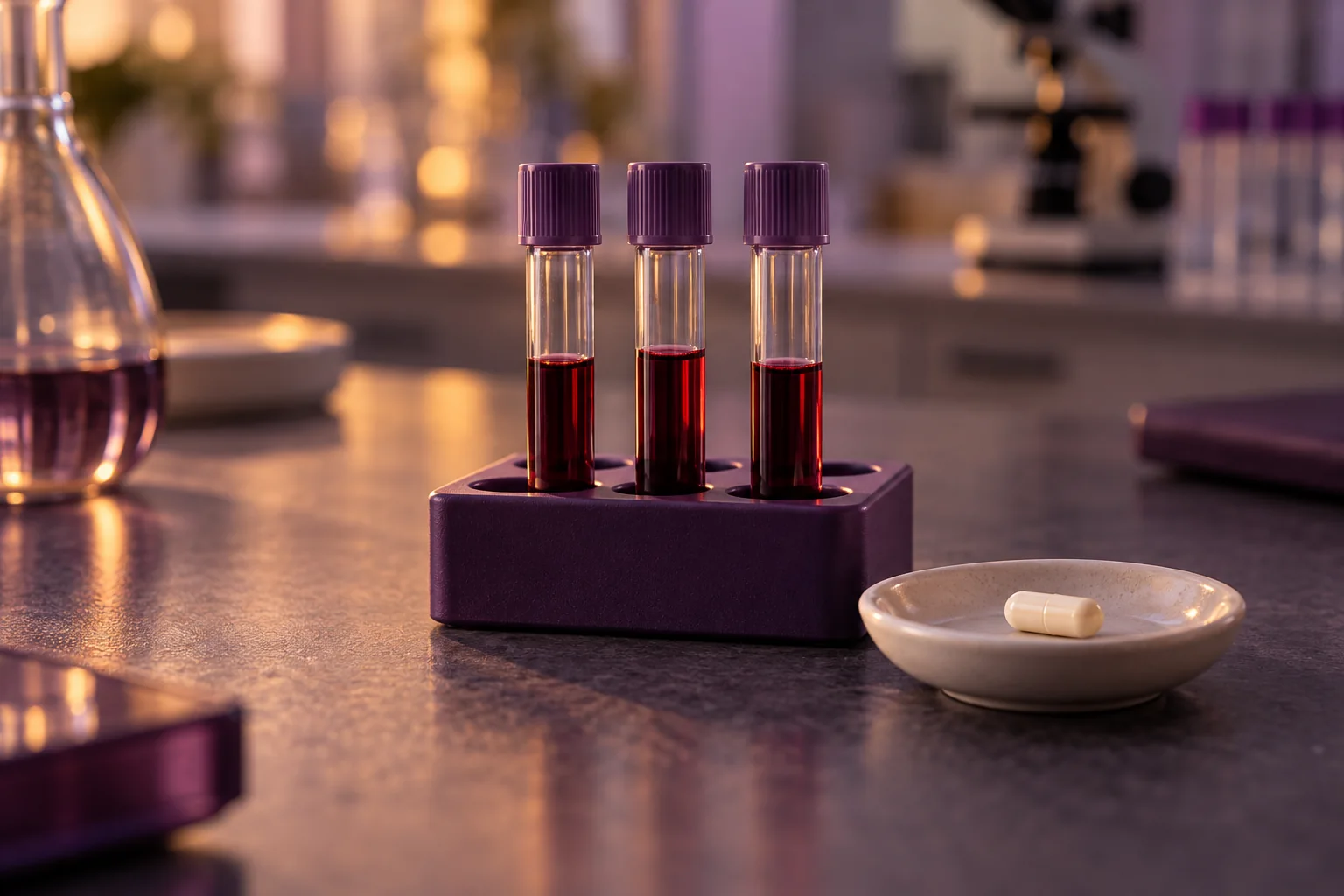 Composizione fotografica illustrativa con provette di laboratorio e una capsula su un piattino, in luce ambrata e viola