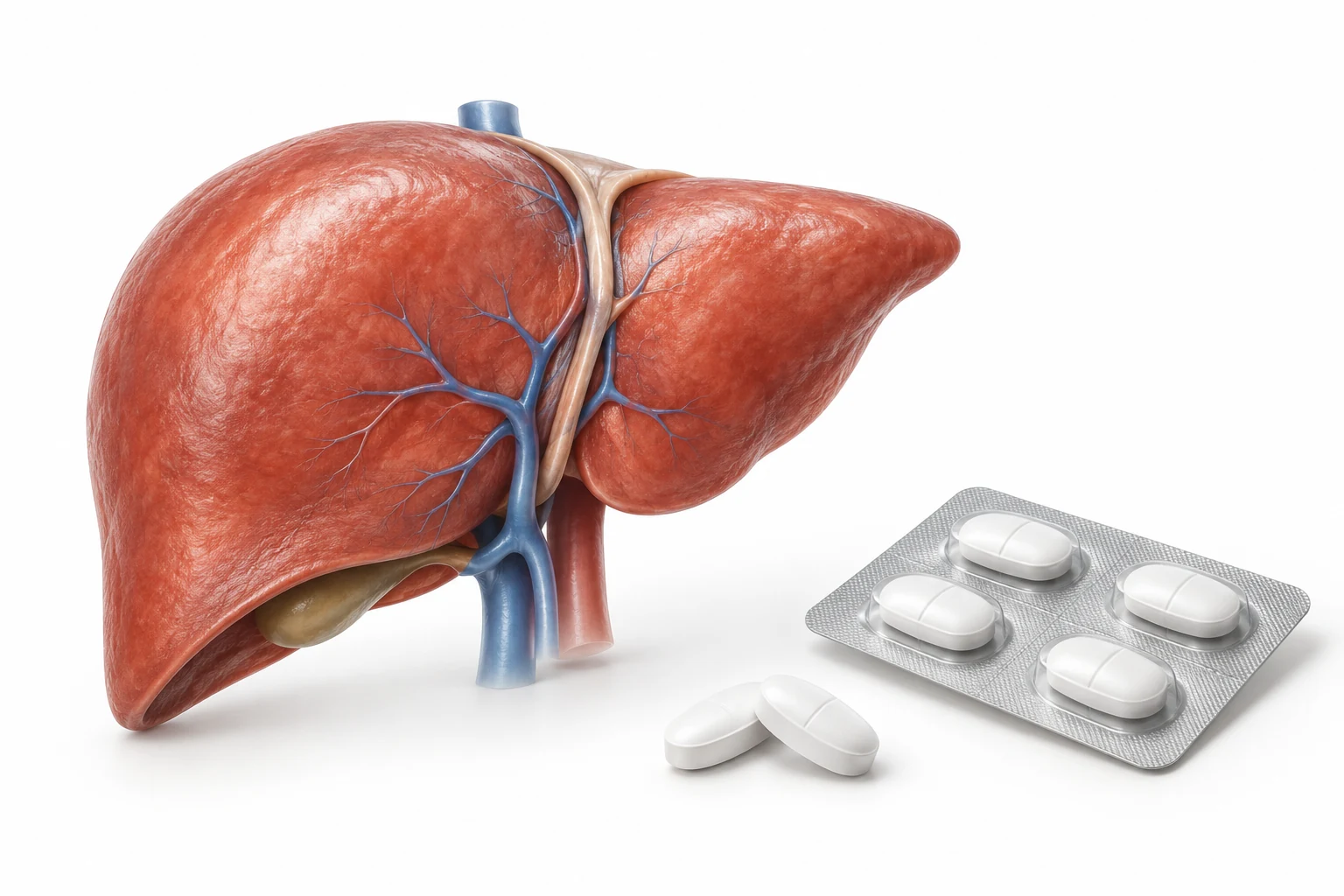 Illustrazione clinica di un fegato accanto a un blister e due compresse bianche
