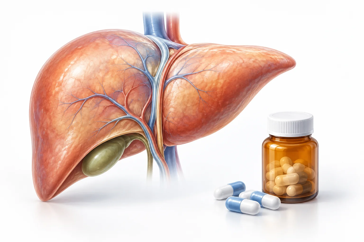 Illustrazione di un fegato accanto a un flacone di farmaci e alcune capsule