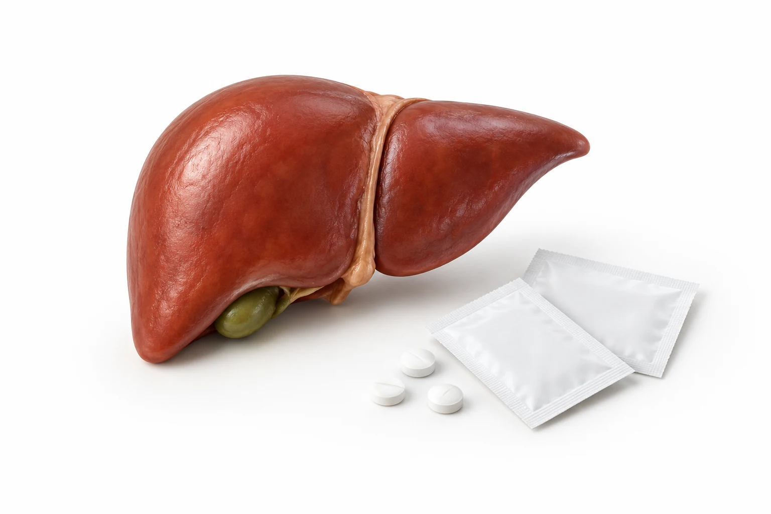 Illustrazione clinica di un fegato con bustine di medicinali e compresse bianche