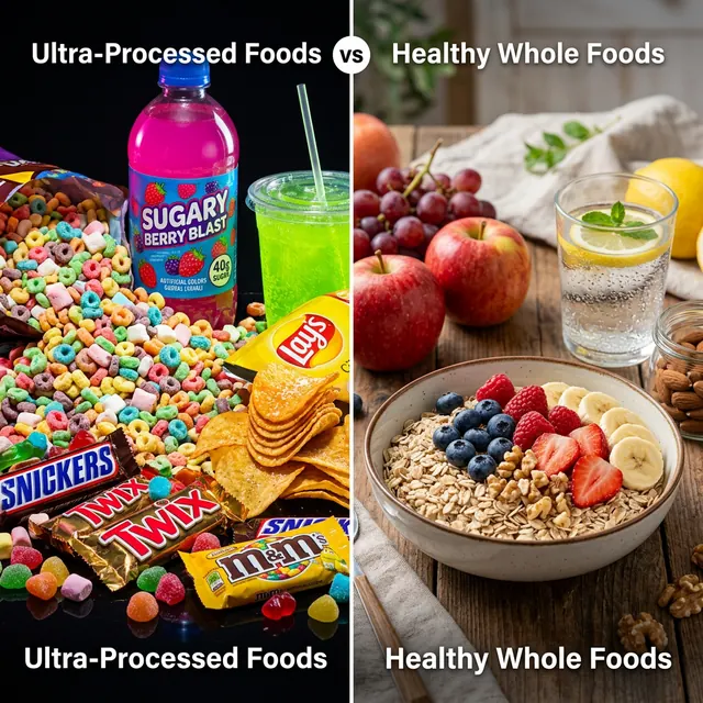 Composizione comparativa di snack e bevande confezionati accanto a frutta, cereali e acqua