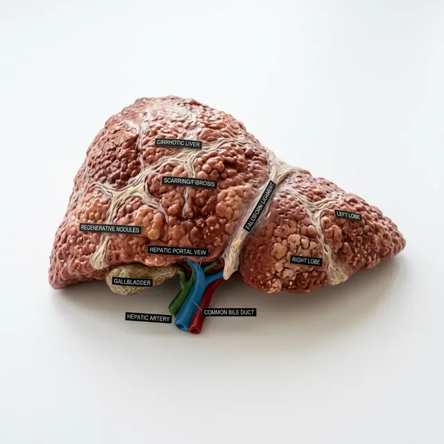 Modello anatomico del fegato con superficie nodulare e piccole etichette didattiche