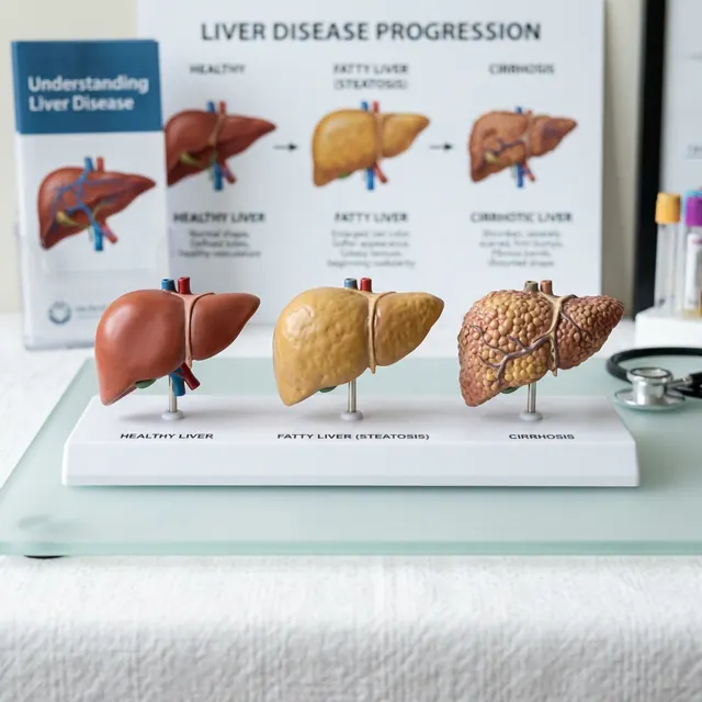 Modelli anatomici del fegato con superfici diverse, davanti a un pannello didattico
