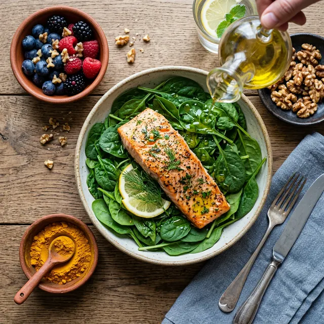 Salmone, verdure, frutti di bosco, frutta secca, olio e spezie su un tavolo