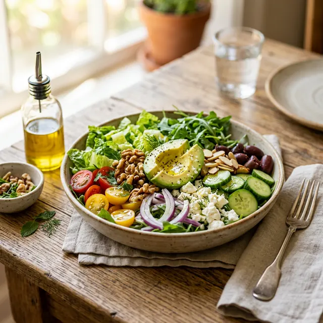 Insalata con verdure e una bottiglia di olio su un tavolo apparecchiato