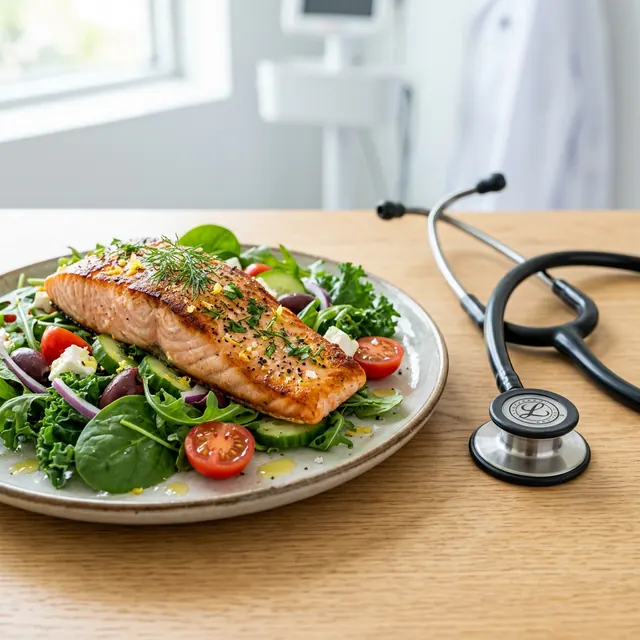 Piatto con salmone e verdure accanto a uno stetoscopio su un tavolo