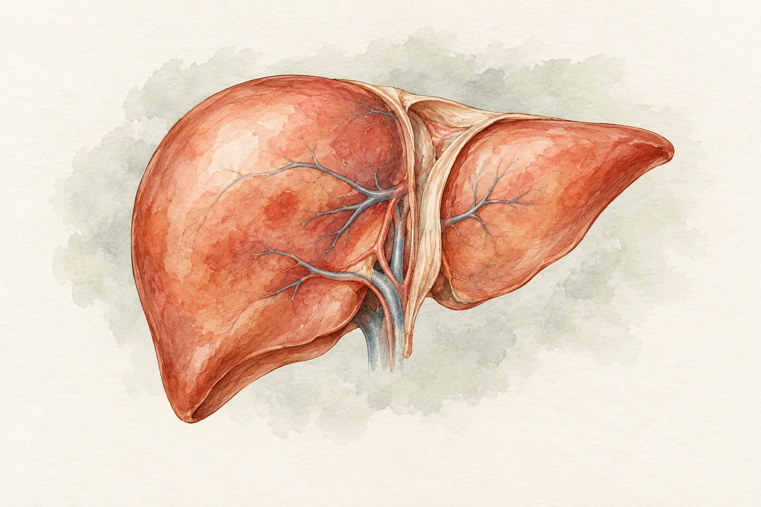Illustrazione ad acquerello di un fegato color terracotta su carta avorio con sfumature grigio salvia