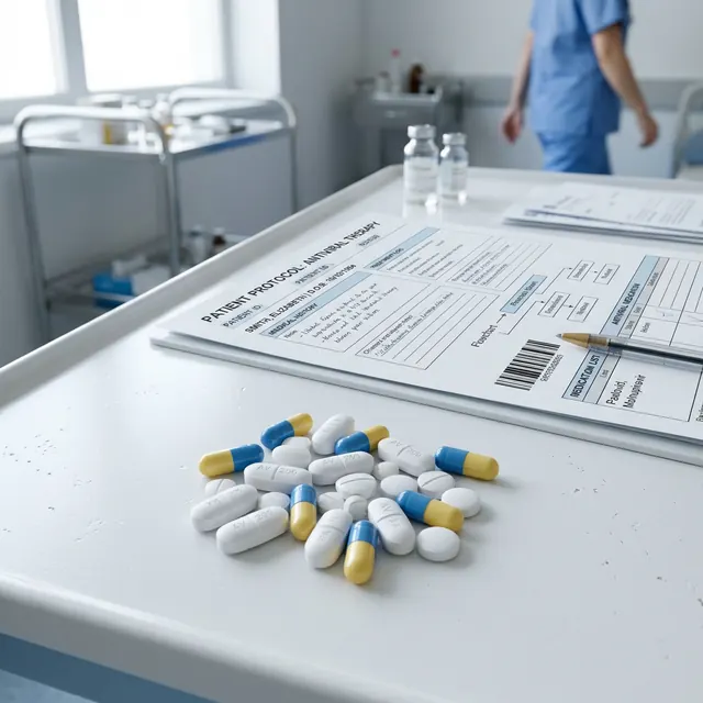 Capsule e compresse accanto a un foglio di analisi in un ambiente clinico illustrativo