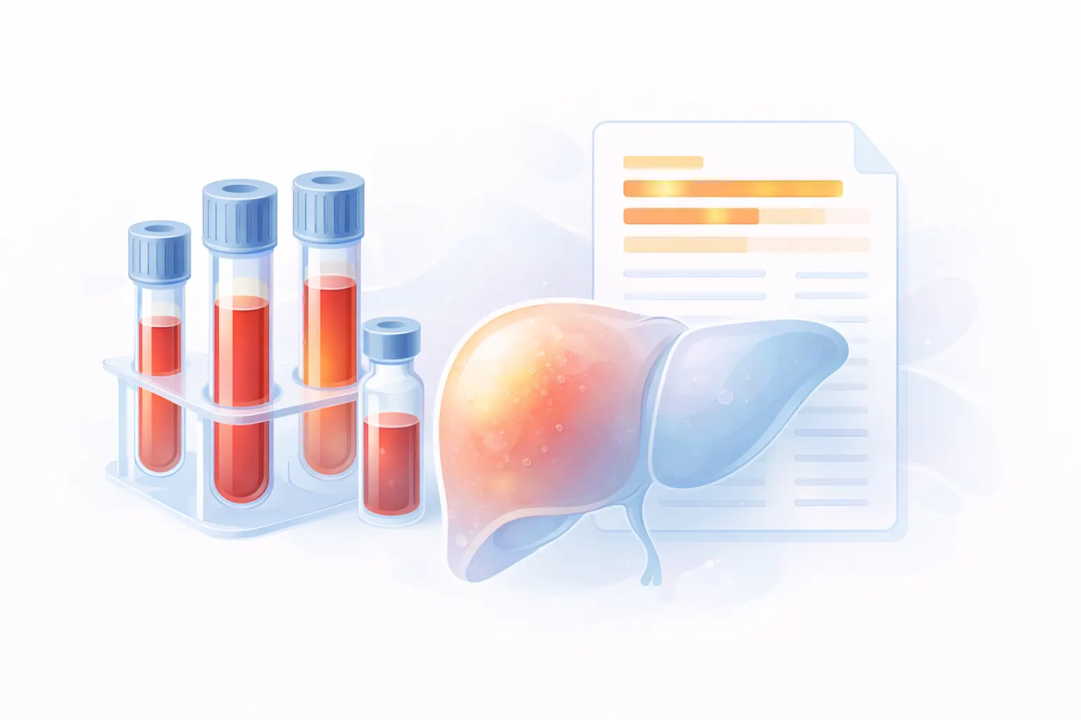 Illustrazione di provette di sangue, un fegato e un foglio di analisi
