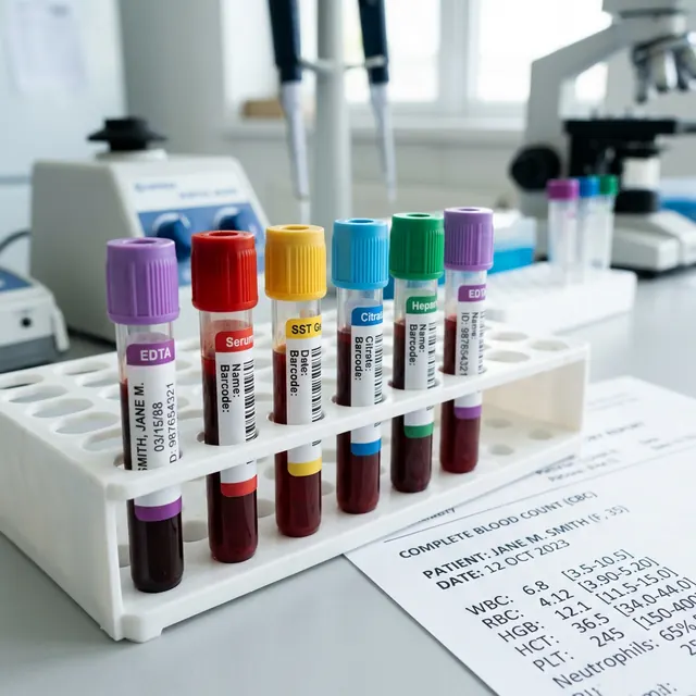 Provette di sangue con tappi di diversi colori, accanto a un foglio di analisi in laboratorio
