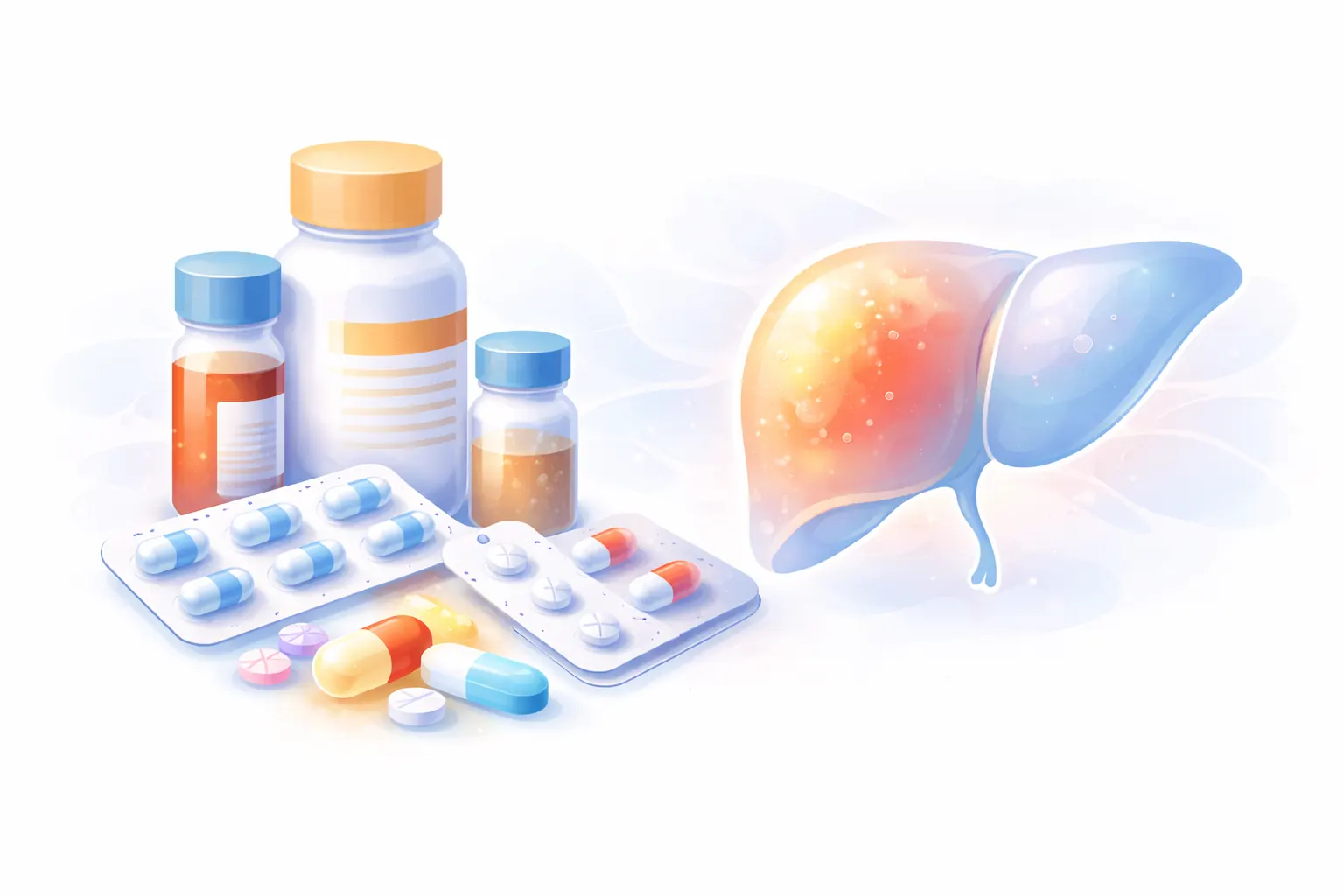 Composizione illustrativa di flaconi, blister, capsule e un fegato