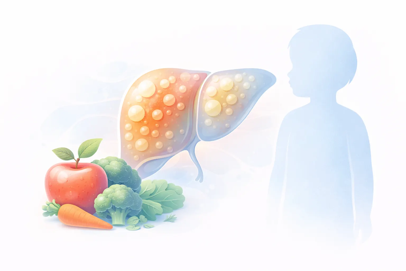 Fegato illustrato con elementi gialli, frutta e verdura accanto alla sagoma di un bambino