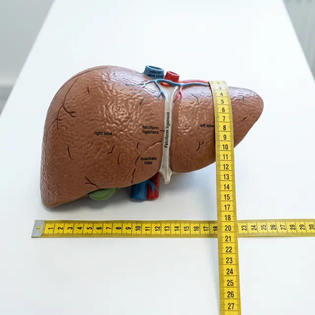 Modello anatomico del fegato affiancato da un metro da sarta giallo