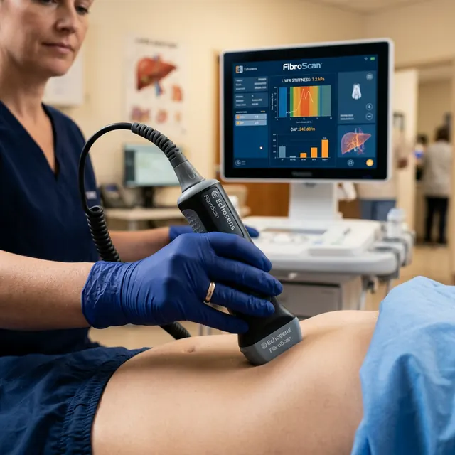 Scena illustrativa di un esame addominale con sonda sulla pelle e monitor clinico