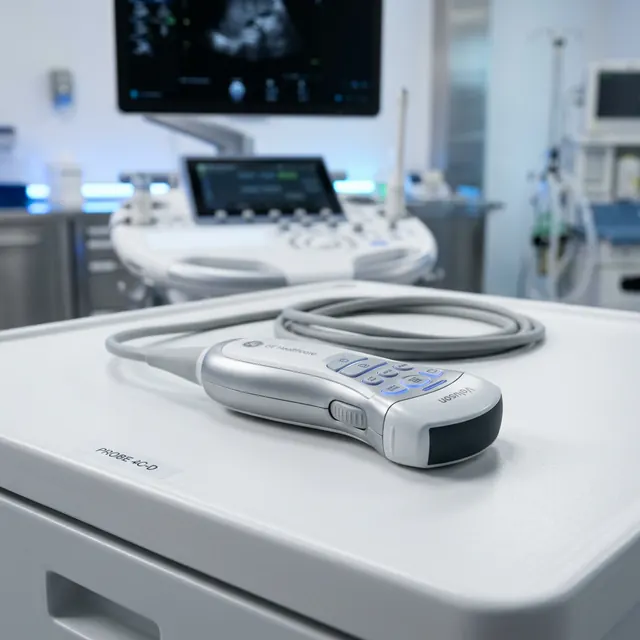 Sonda di un’apparecchiatura diagnostica su un lettino, con monitor clinici sullo sfondo