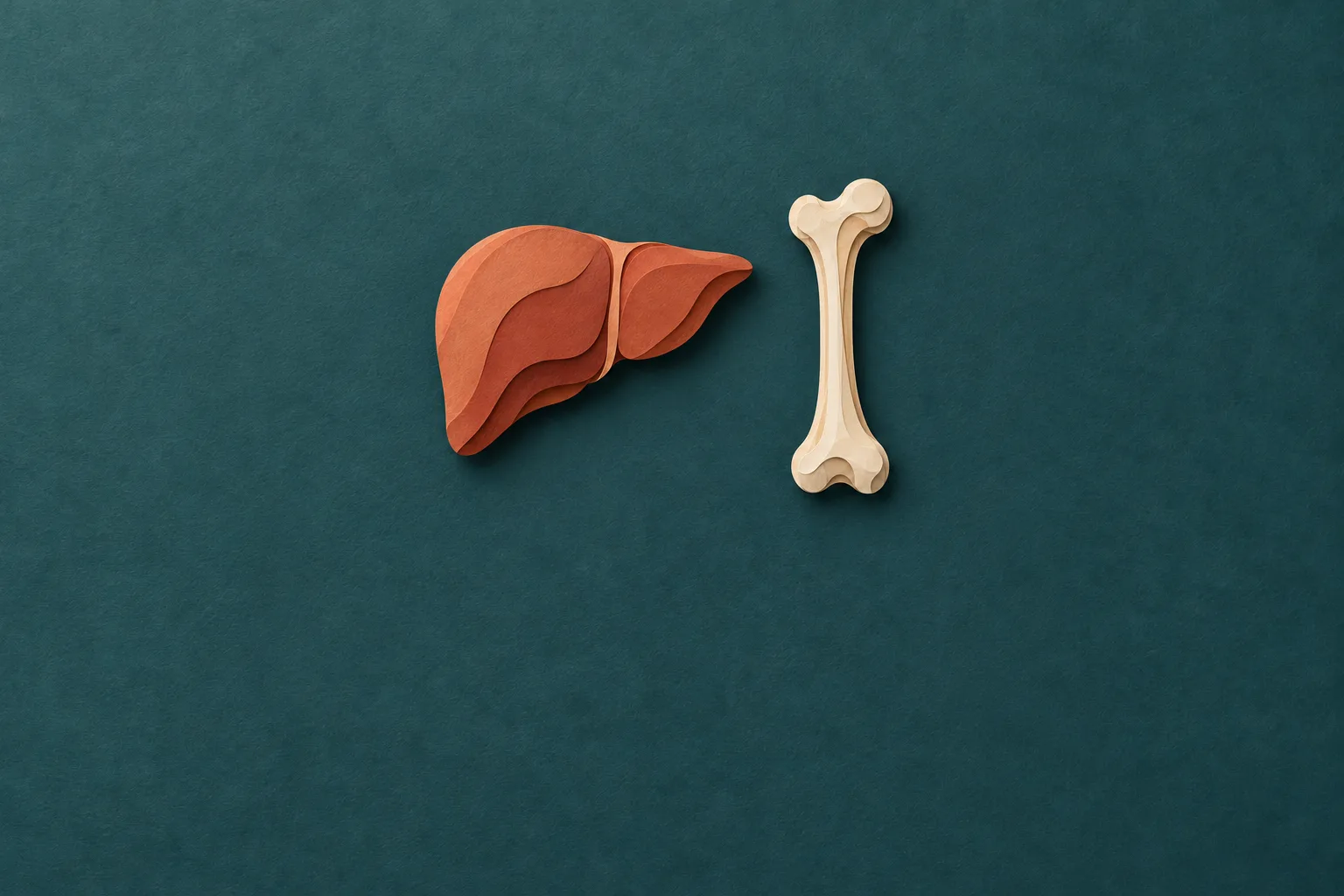 Fegato color terracotta e osso color avorio realizzati a strati di carta su fondo verde petrolio