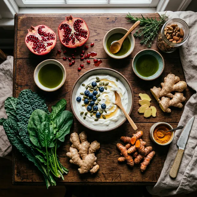 Composizione di verdure, melagrana, yogurt, frutta secca, zenzero e spezie