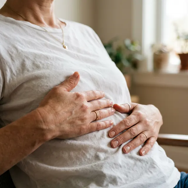 Persona con le mani appoggiate sull’addome, con il volto fuori dall’inquadratura