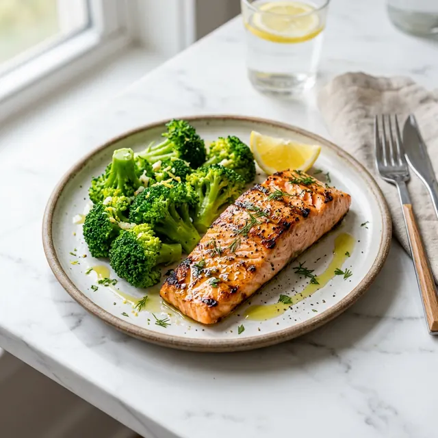 Piatto con salmone e broccoli vicino a un bicchiere d’acqua con limone