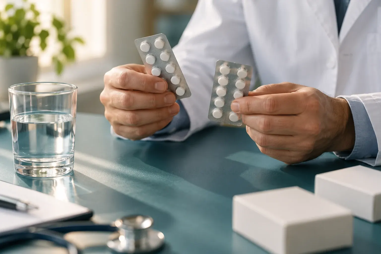 Immagine editoriale di mani che confrontano due blister di medicinali durante un consulto
