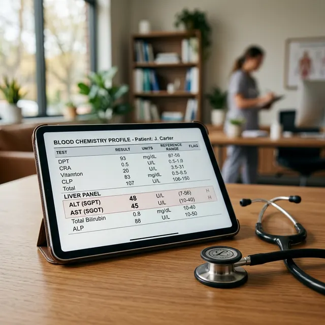 Tablet con una tabella illustrativa di esami del fegato accanto a uno stetoscopio