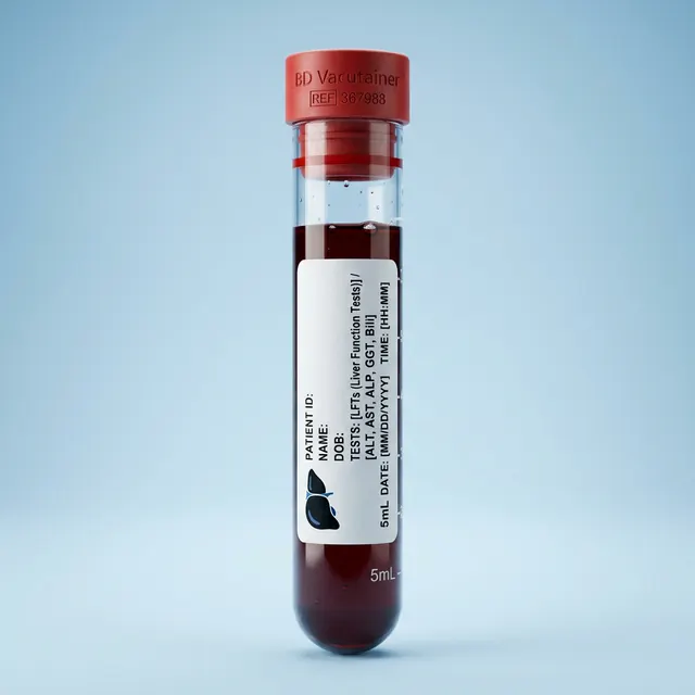 Provetta contenente un campione di sangue, con tappo rosso su sfondo azzurro