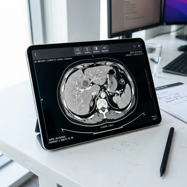 Tablet con un’immagine radiologica dell’addome su una scrivania clinica